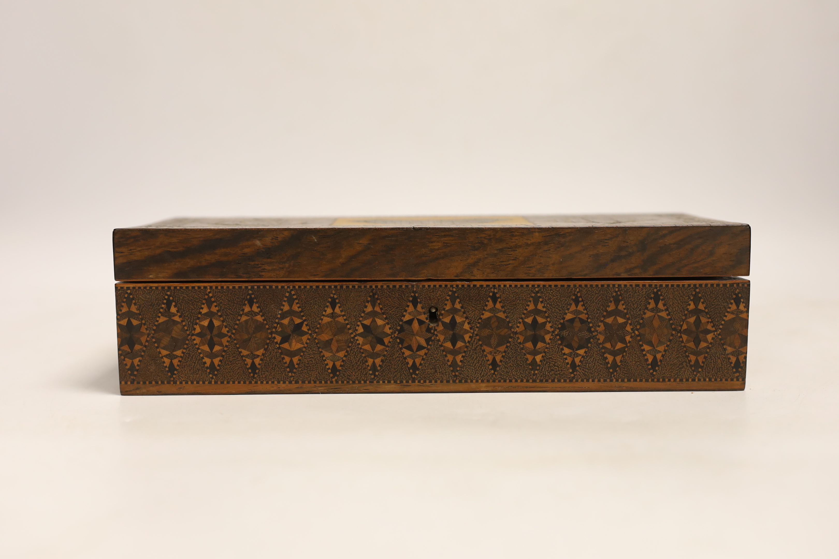 A Tunbridgeware rosewood half square mosaic and butterfly mosaic glove box, circa 1830-50, 24cm wide